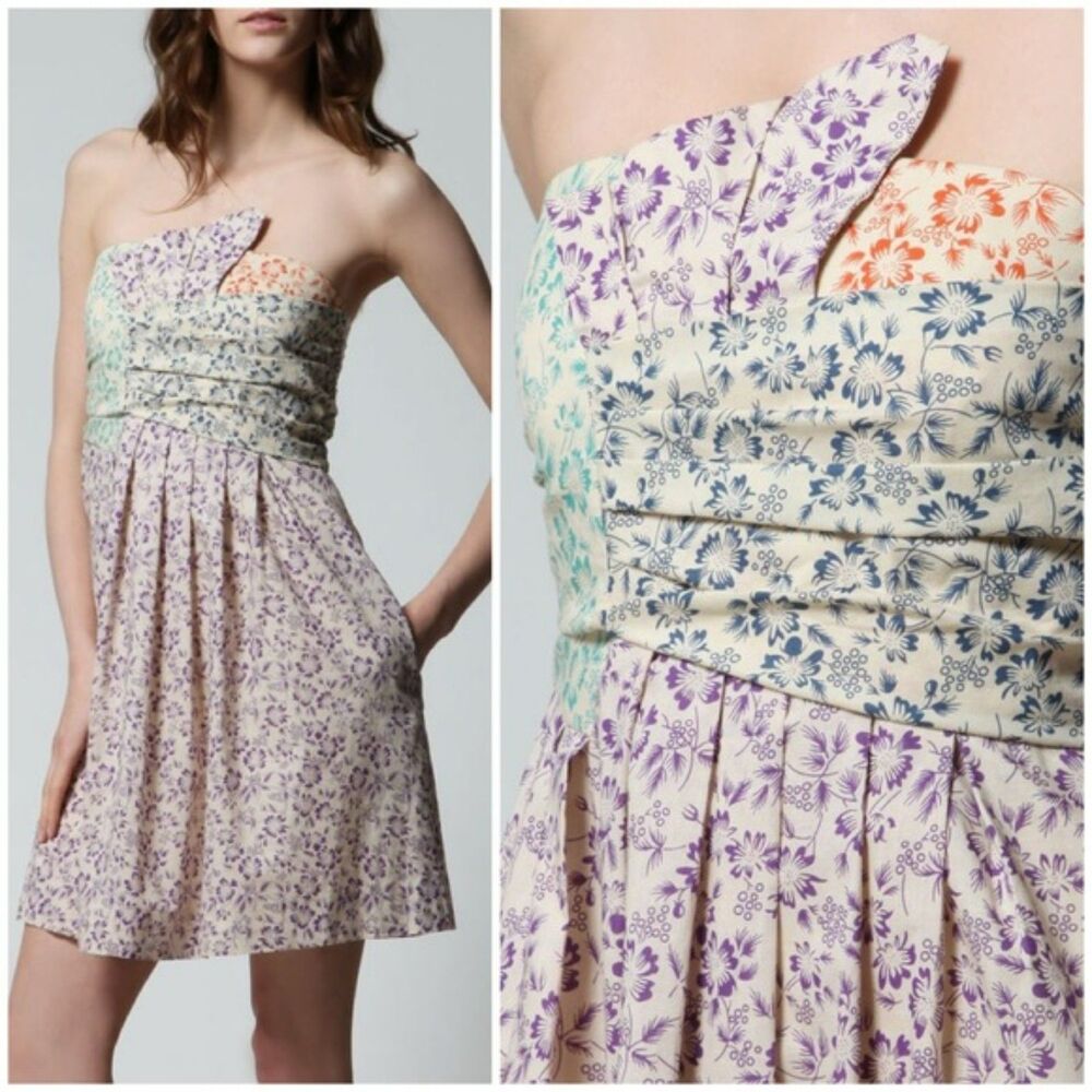 see by Chloe mini dress size 6 floral patchwork strapless pleated preppy cotton